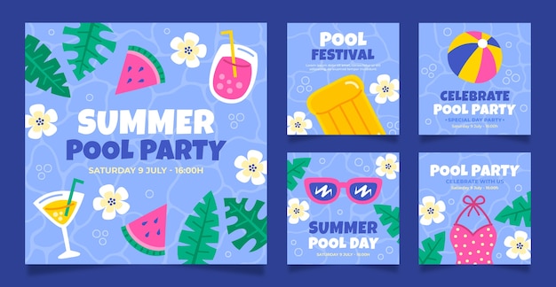 Free vector flat pool party instagram posts collection