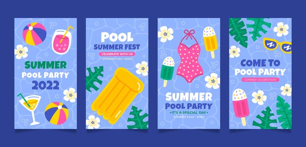 Vettore gratuito collezione di storie di instagram per feste in piscina piatta