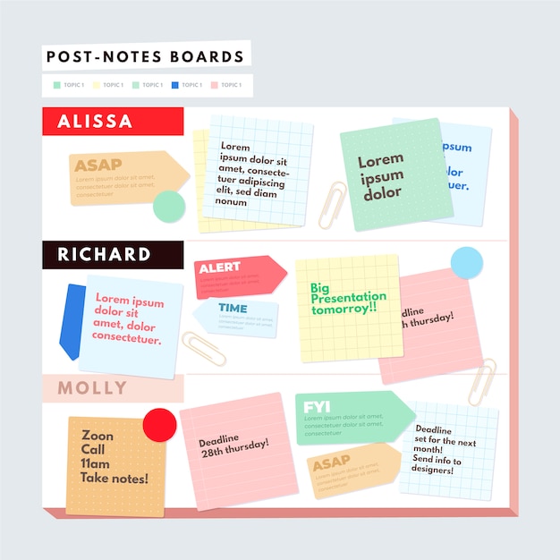 Flat post-its boards infographics