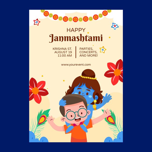 ジャンマシュタミのお祝いのためのフラットポスターテンプレート