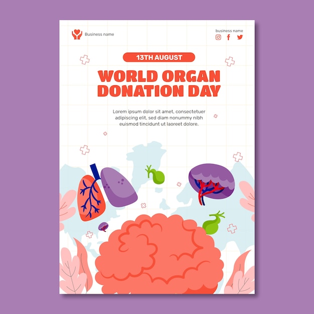 Modello di poster piatto per la giornata mondiale della donazione di organi