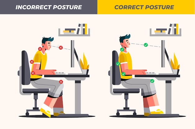 visual of correct and incorrect posture while sitting on ergonomic table