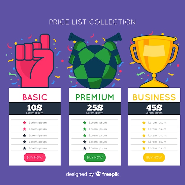 Free vector flat price list collection