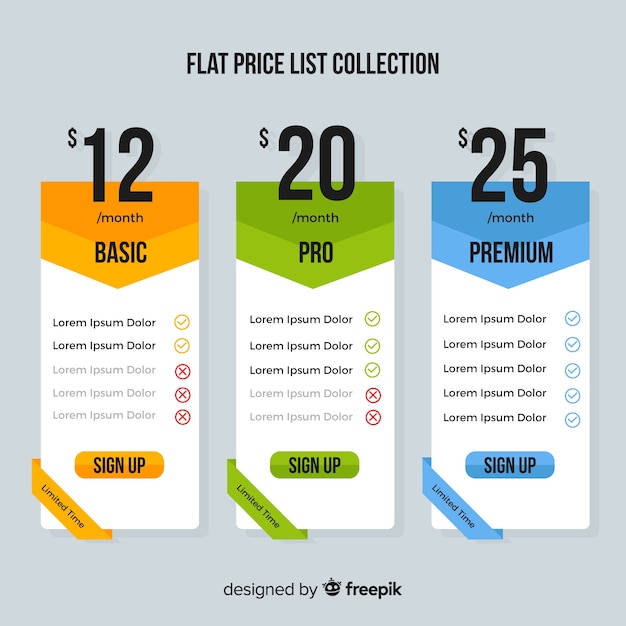 Free vector flat price list pack