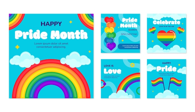 Flat pride month instagram posts collection with rainbow