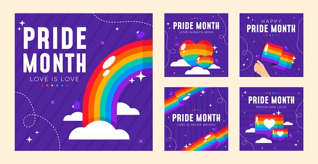 Free vector flat pride month instagram posts collection