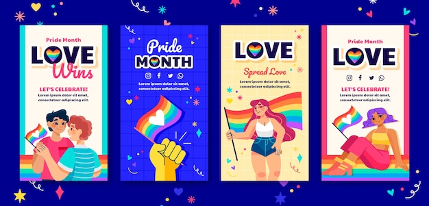 Flat pride month instagram stories collection