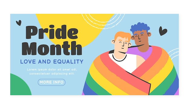 Free vector flat pride month lgbt horizontal banner template with gay couple wearing flag