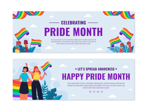 Flat pride month lgbt horizontal banners set