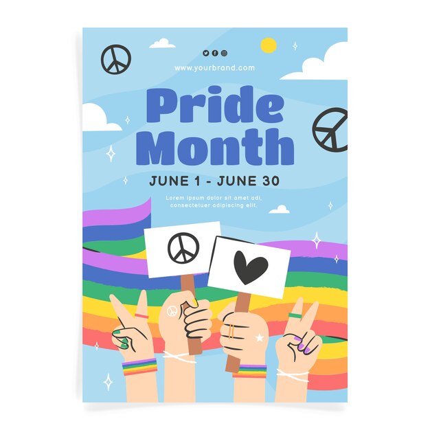 Flat pride month lgbt vertical poster template with people holding placards