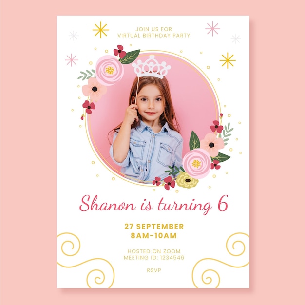 Free vector flat princess birthday invitation template with photo