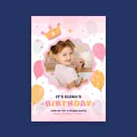Free vector flat princess birthday invitation with photo template with photo