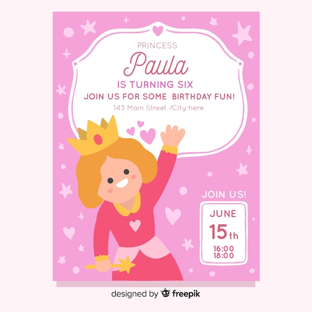 Free vector flat princess party invitation template