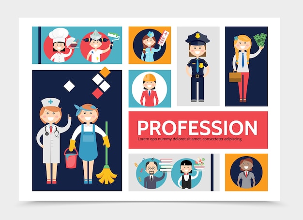 Vettore gratuito modello di infographic di personaggi di professione piatto con cameriera di cameriera hostess di dottore cameriera chef pittore