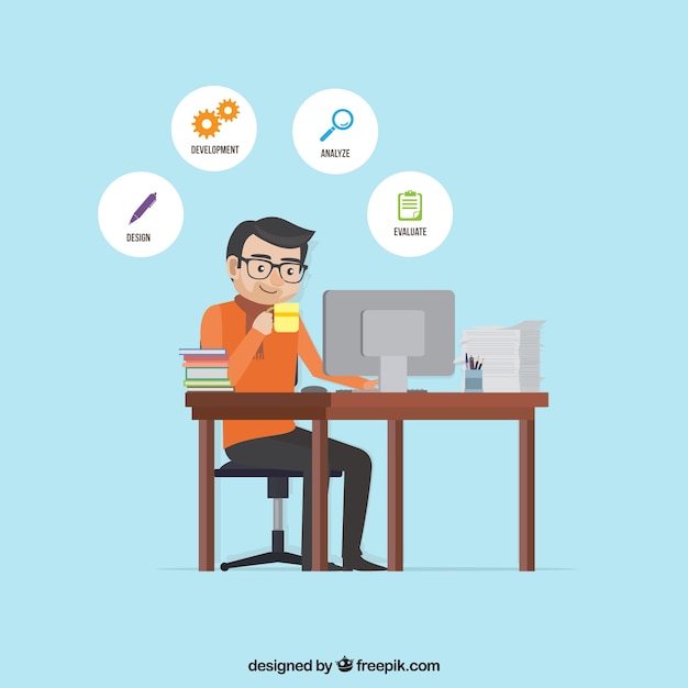 Flat project management concept with man at desk