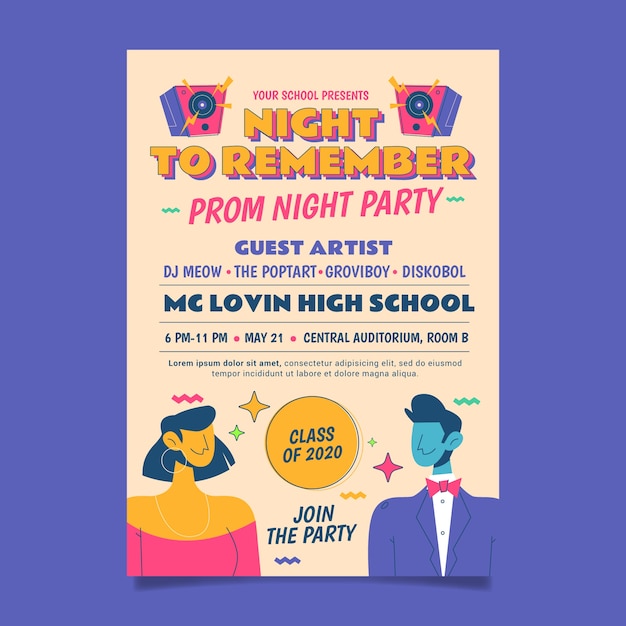 Free vector flat prom vertical flyer template