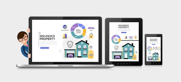 Concetto di servizio di assicurazione di proprietà piatta con diagramma di blocco sirena scudo auto garage immobiliare