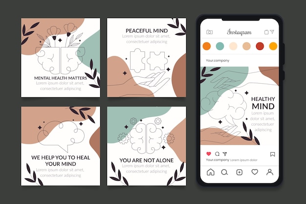 Free vector flat psychologist instagram posts collection