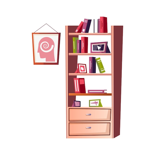 Бесплатное векторное изображение Плоская иллюстрация интерьера офиса психолога с книжным шкафом и плакатом на стене