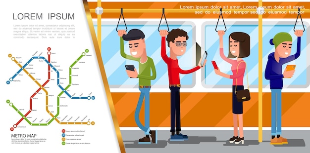 Flat public transport composition with underground map and people traveling by subway