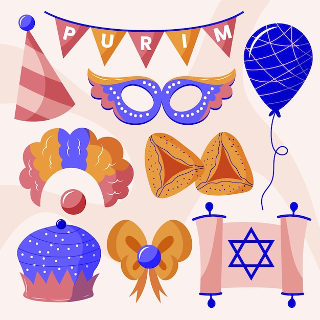 Free vector flat purim elements collection