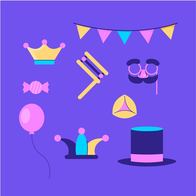 Free vector flat purim elements collection