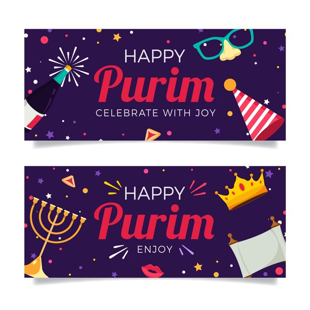 Free vector flat purim horizontal banners set