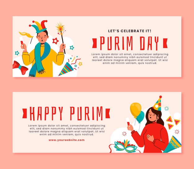 Flat purim horizontal banners set