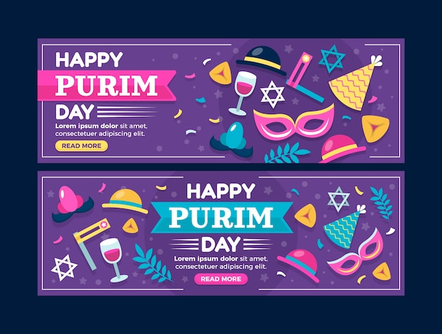 Flat purim horizontal banners set