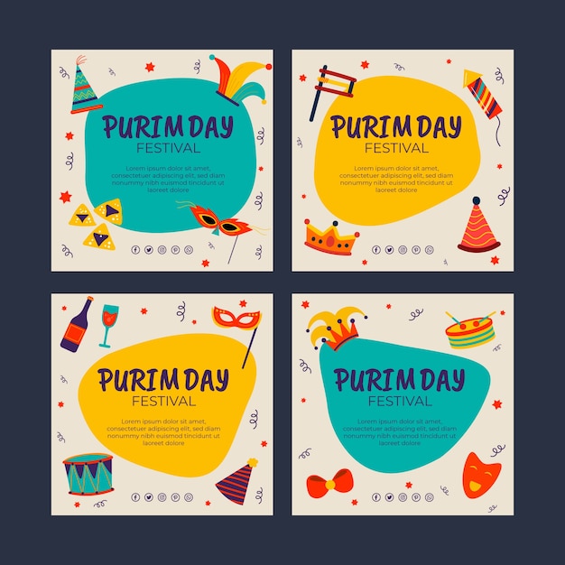 Free vector flat purim instagram posts collection