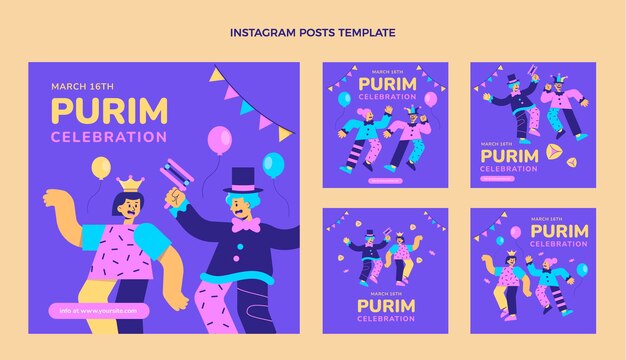 Free vector flat purim instagram posts collection