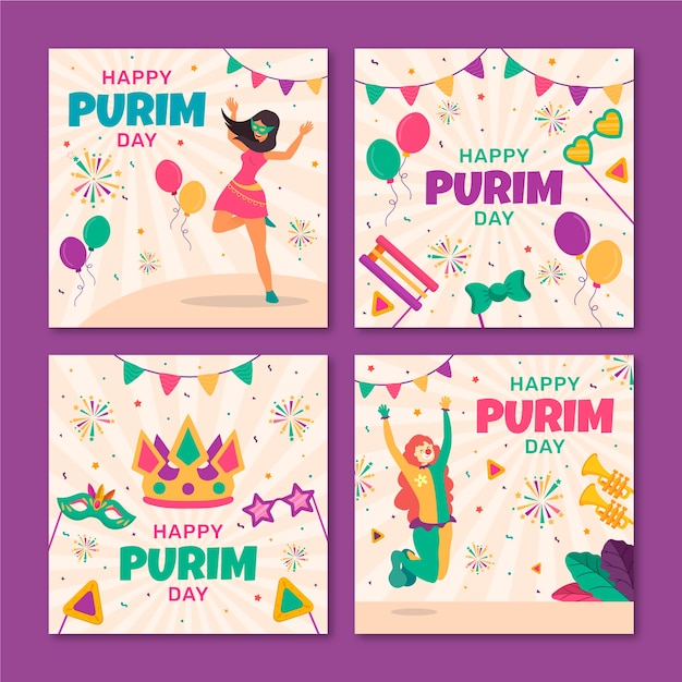 Free vector flat purim instagram posts collection