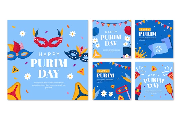 Free vector flat purim instagram posts collection