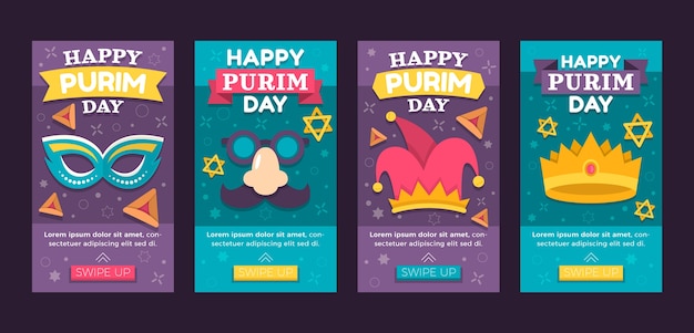 Free vector flat purim instagram stories collection