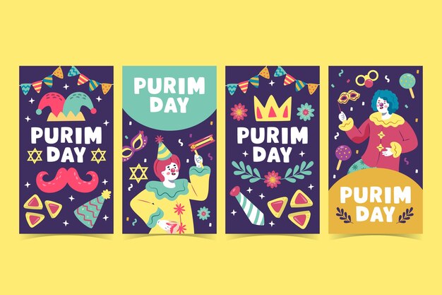 Free vector flat purim instagram stories collection