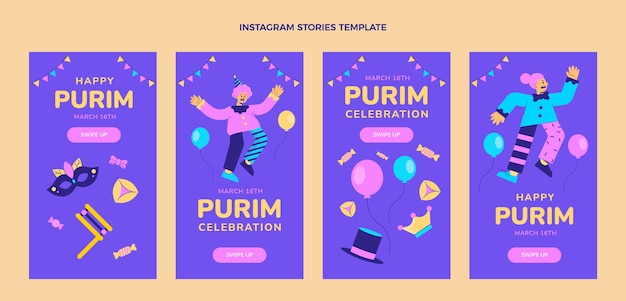 Vettore gratuito collezione di storie di instagram purim piatte