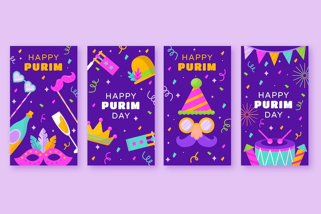 Free vector flat purim instagram stories collection