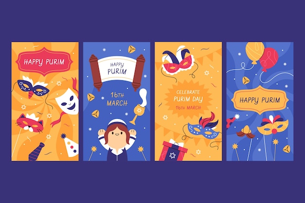 Free vector flat purim instagram stories collection