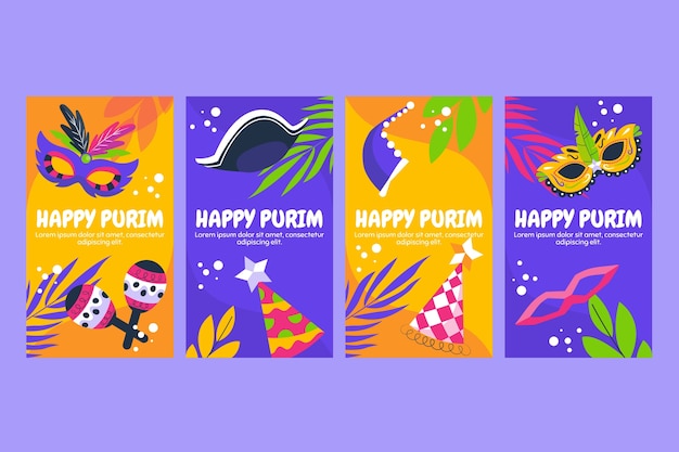 Free vector flat purim instagram stories collection