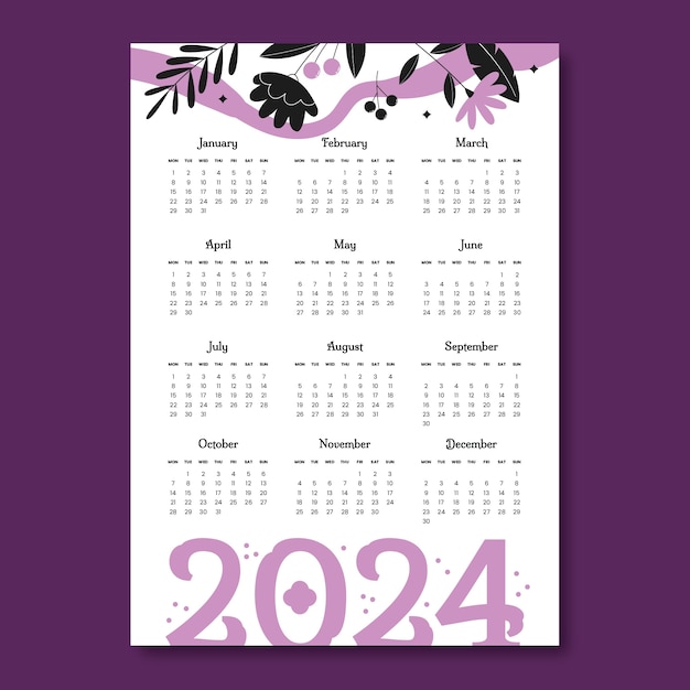 無料ベクター フラットな紫と黒の 2024 カレンダー テンプレート