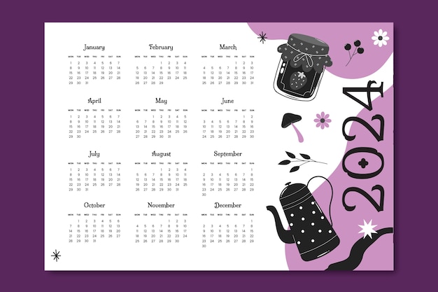 Vettore gratuito modello di calendario piatto viola e nero 2024