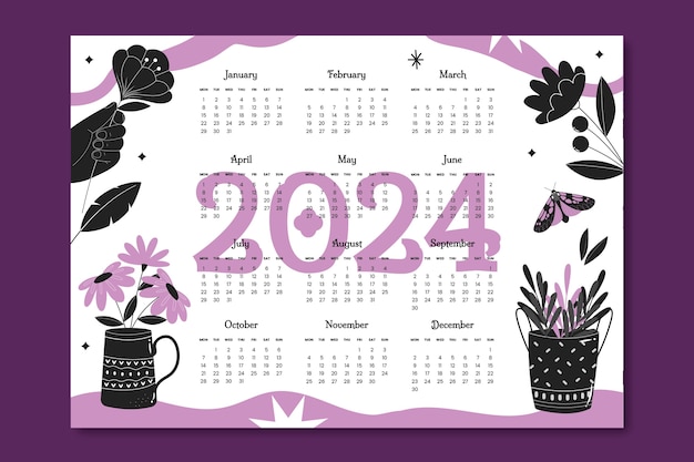 Vettore gratuito modello di calendario piatto viola e nero 2024