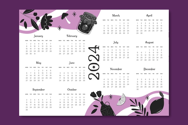 Vettore gratuito modello di calendario piatto viola e nero 2024