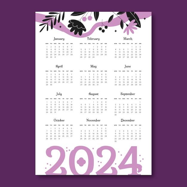 Vettore gratuito modello di calendario piatto viola e nero 2024