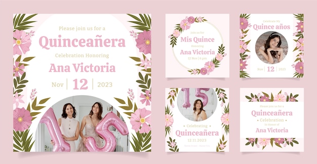 Free vector flat quinceanera instagram posts collection