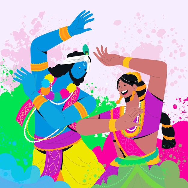 Vettore gratuito flat radha e krishna illustrazione per la celebrazione del festival di holi.