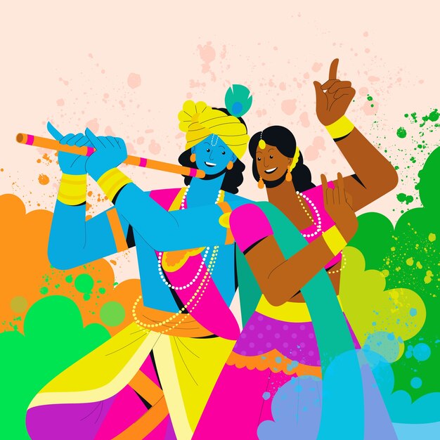 Flat radha and krishna illustration for holi festival celebration