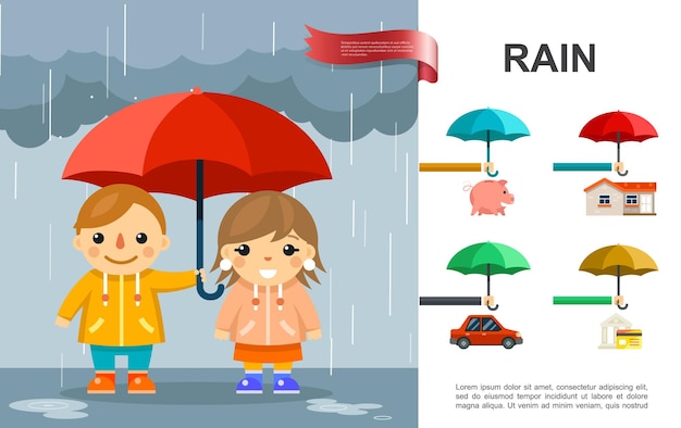 Free vector flat rain bright  with kids with umbrella standing under the rain and property elements illustration