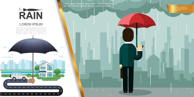 Free vector flat rain colorful concept with man holding umbrella and standing under rain opposite cityscape  illustration,