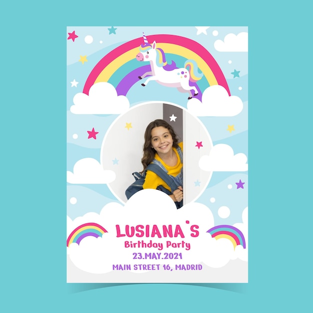 Flat rainbow birthday invitation template with photo